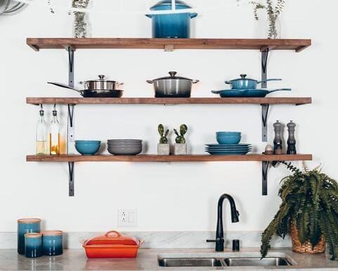 Pans and pots on shelves