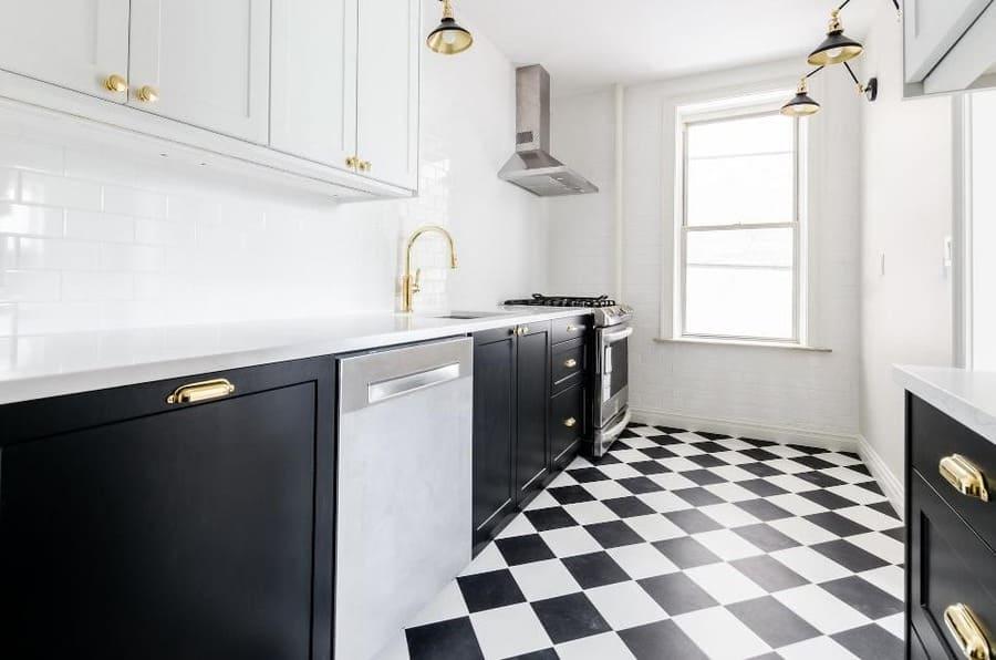 Dishwasher in a black and white kitchen